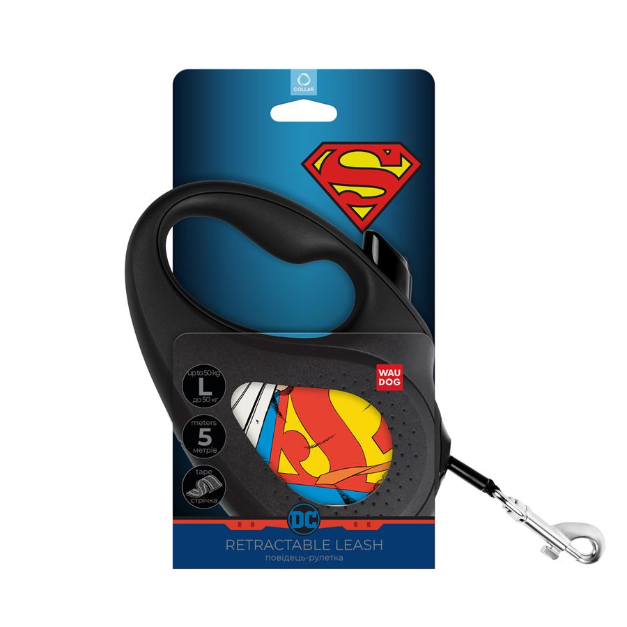 Повідець-рулетка для собак WAUDOG R-leash, малюнок "Супермен Герой", L, до 50 кг, 5 м, світловідбиваюча стрічка чорний — фото 2