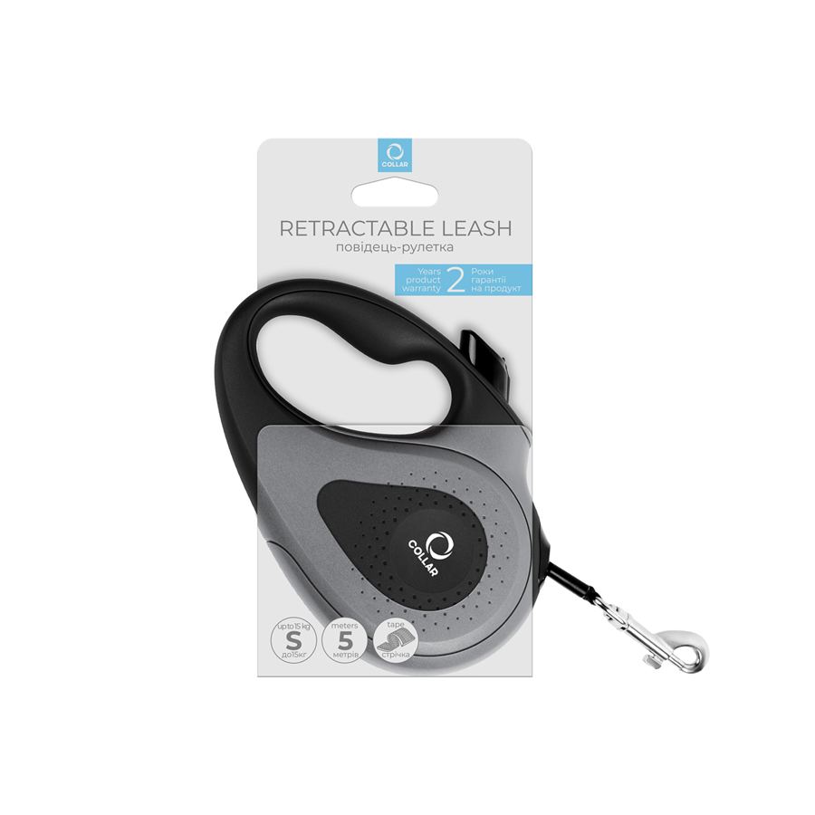 Повідець-рулетка CoLLaR для собак, розмір S, 15 кг, 5 м, світловідбивна стрічка, чорний — фото 3