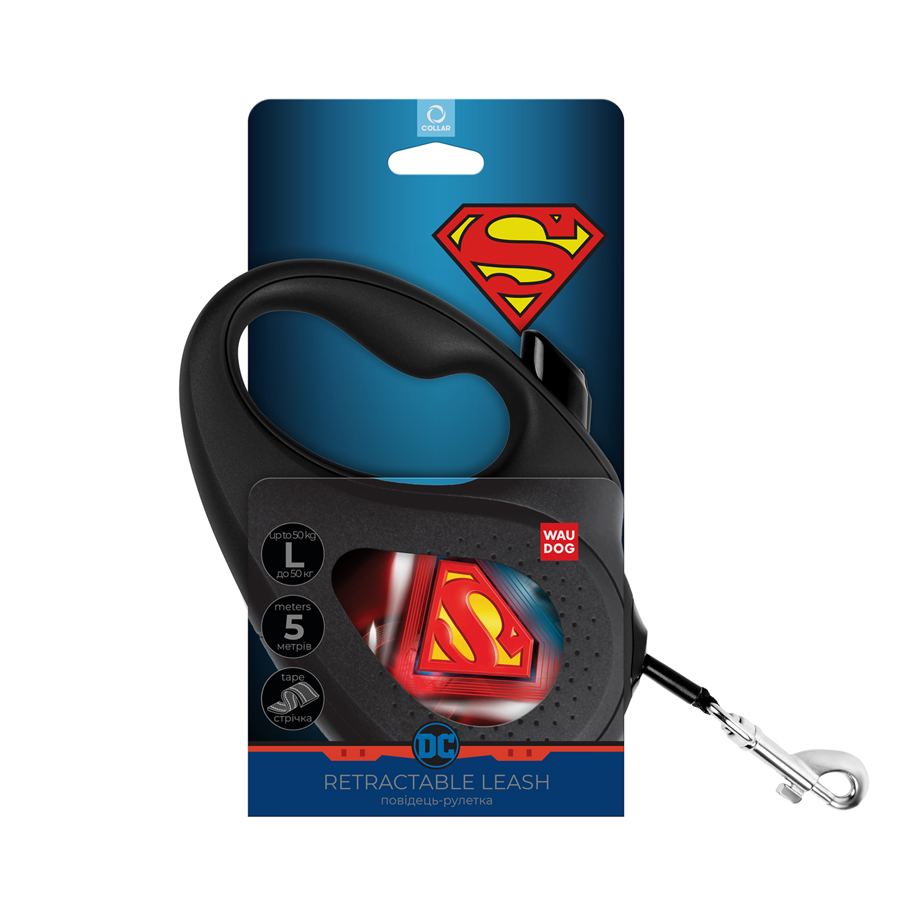Повідець-рулетка для собак WAUDOG R-leash, малюнок "Супермен Лого", L, до 50 кг, 5 м, світловідбиваюча стрічка чорний — фото 2
