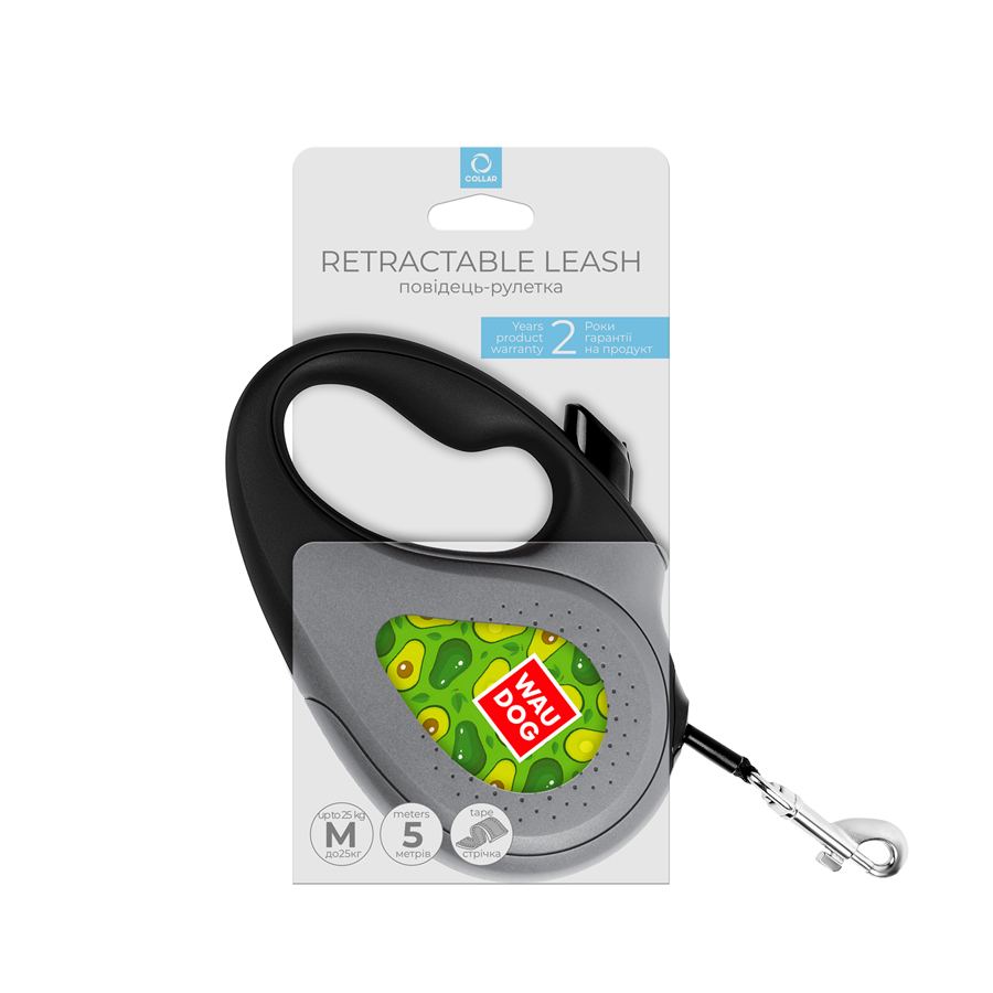 Повідець-рулетка для собак WAUDOG R-leash, малюнок "Авокадо", M, до 25 кг, 5 м, світловідбиваюча стрічка чорний — фото 4