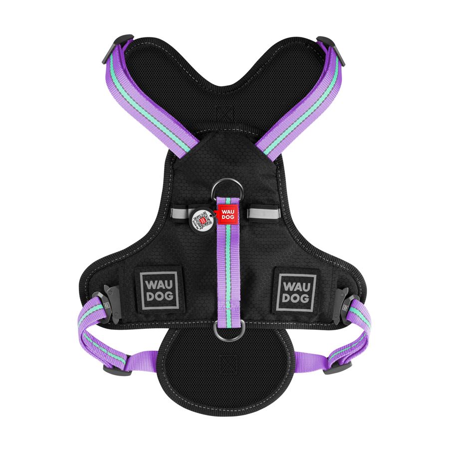 Шлея для собак безпечна WAUDOG Nylon з QR паспортом, металічна пряжка-фастекс, M, Ш 20 мм, А 45-70 см, В 60-80 см фіолетовий — фото 5