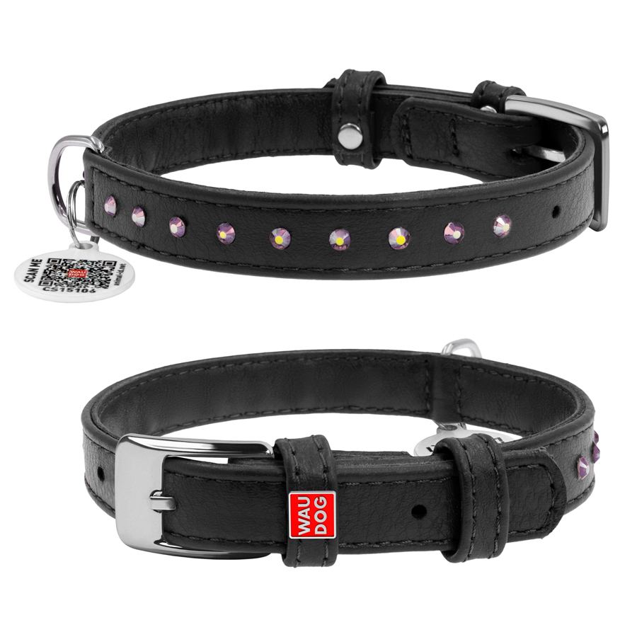 Нашийник для собак шкіряний WAUDOG Glamour з QR паспортом, з клейовими стразами, Ш 15 мм, Дов 27-36 см чорний — фото 2