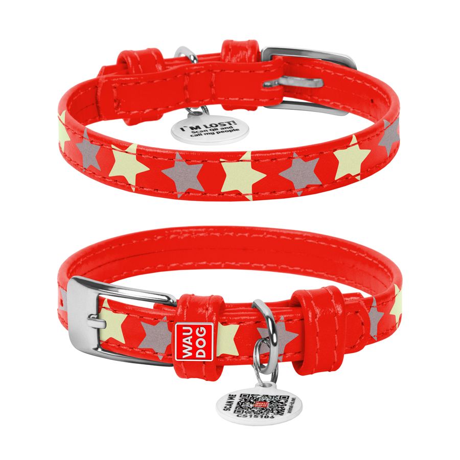 Нашийник для собак шкіряний WAUDOG Glamour з QR паспортом, візерунок "Зірочка", світлонакопичувальний/світловідбивний, S, Ш 15 мм, Дов 27-36 см червоний — фото 2