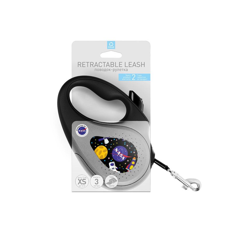 Повідець-рулетка для собак WAUDOG R-leash, малюнок "NASA", XS, до 12 кг, 3 м, світловідбиваюча стрічка чорний — фото 4