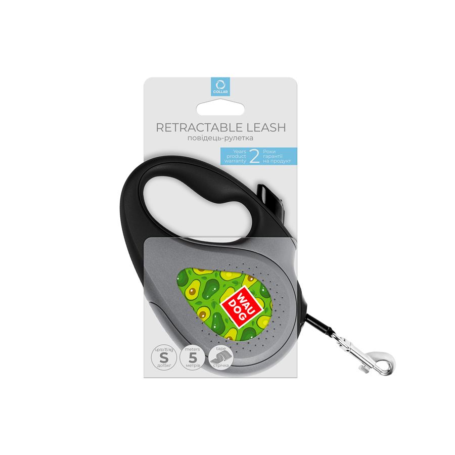 Повідець-рулетка для собак WAUDOG R-leash, малюнок "Авокадо", S, до 15 кг, 5 м, світловідбиваюча стрічка чорний — фото 3
