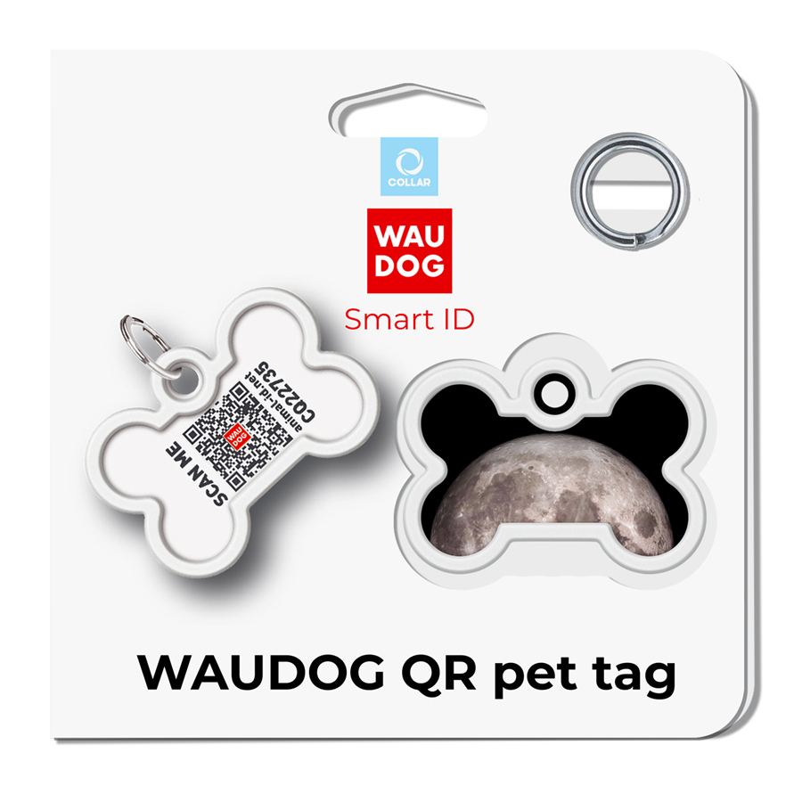 Адресник для собак і котів металевий WAUDOG Smart ID з QR паспортом, малюнок "Місяць", кістка, Д 40 мм, Ш 28 мм — фото 4