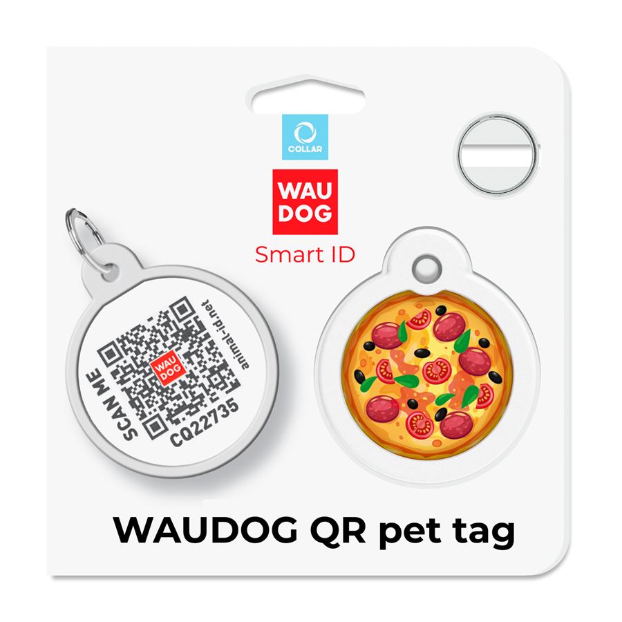 Адресник для собак і котів металевий WAUDOG Smart ID з QR паспортом, малюнок "Піца", коло, Д 30 мм — фото 5