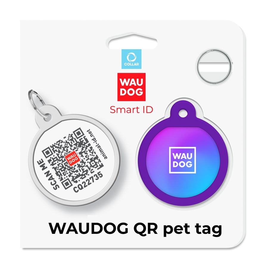 Адресник для собак і котів металевий WAUDOG Smart ID з QR паспортом, малюнок "Градієнт фіолетовий", коло, Д 25 мм — фото 5