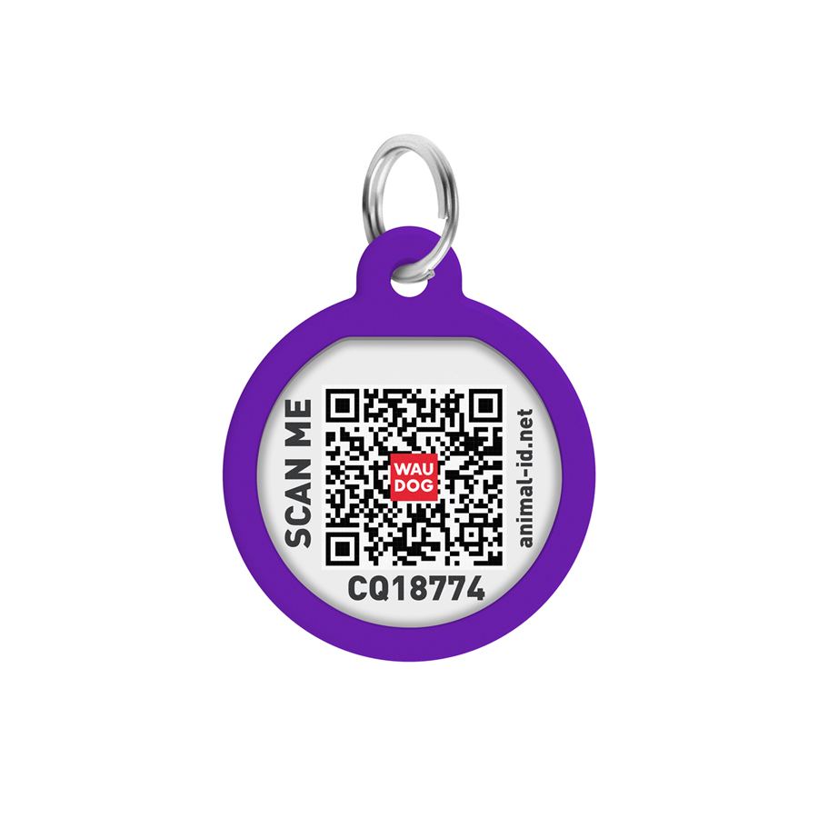 Адресник для собак і котів металевий WAUDOG Smart ID з QR паспортом, малюнок "Градієнт фіолетовий", коло, Д 25 мм — фото 2