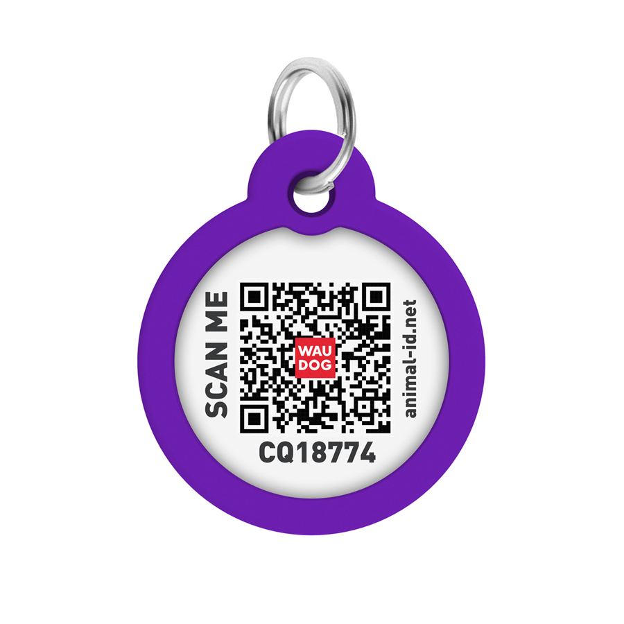 Адресник для собак і котів металевий WAUDOG Smart ID з QR паспортом, малюнок "Градієнт фіолетовий", коло, Д 30 мм — фото 2