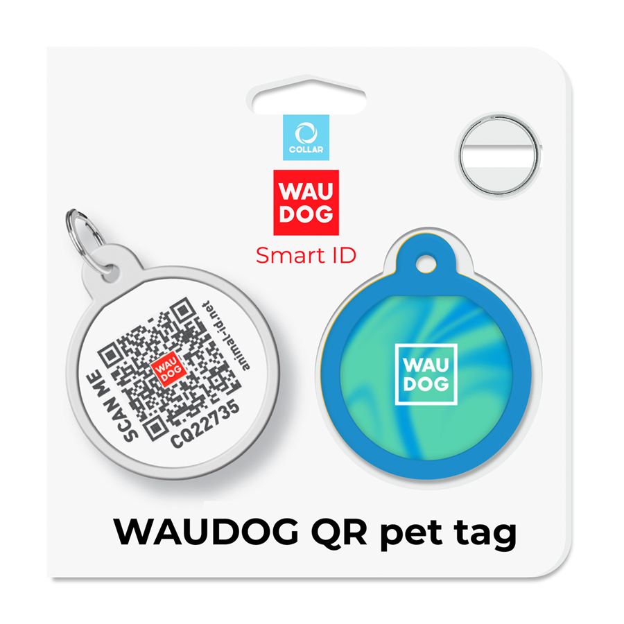 Адресник для собак і котів металевий WAUDOG Smart ID з QR паспортом, малюнок "Градієнт блакитний", коло, Д 25 мм — фото 5