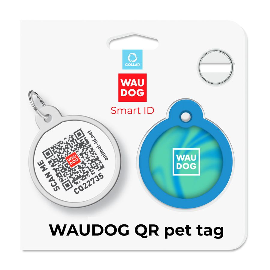 Адресник для собак і котів металевий WAUDOG Smart ID з QR паспортом, малюнок "Градієнт блакитний", коло, Д 30 мм — фото 5