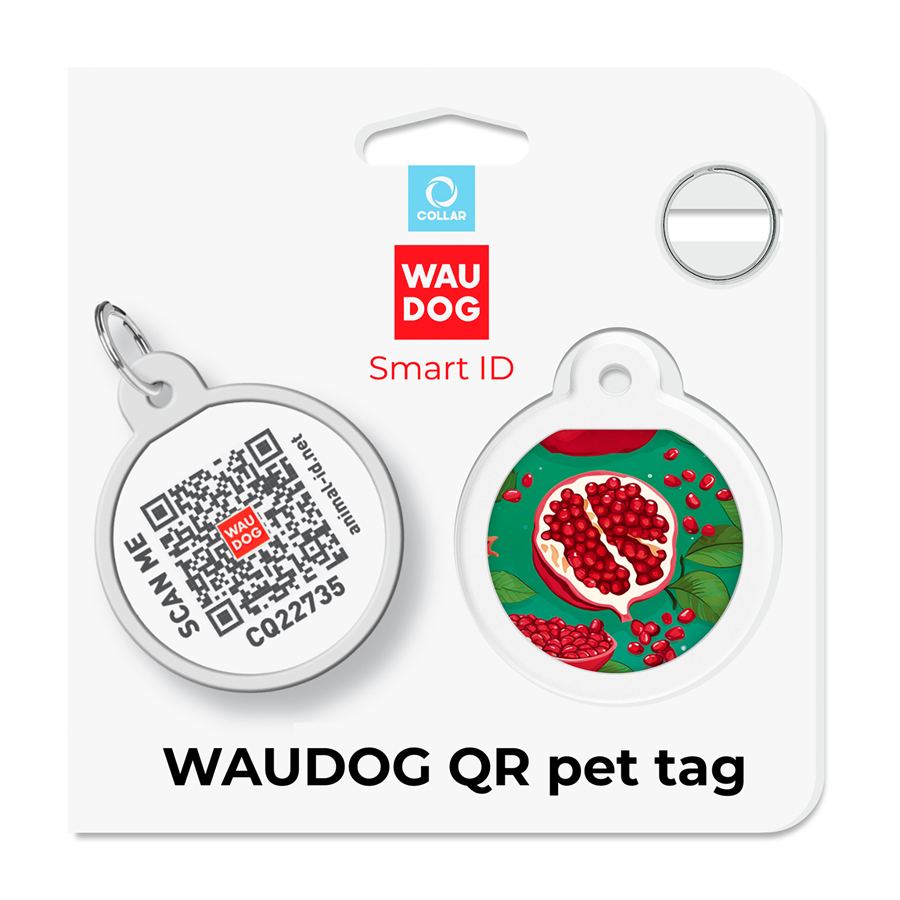 Адресник для собак і котів металевий WAUDOG Smart ID з QR паспортом, малюнок "Гранати", коло, Д 25 мм — фото 5