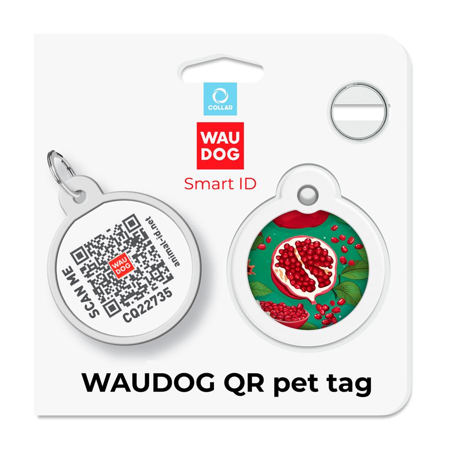 Адресник для собак і котів металевий WAUDOG Smart ID з QR паспортом, малюнок "Гранати", коло, Д 30 мм — фото 5