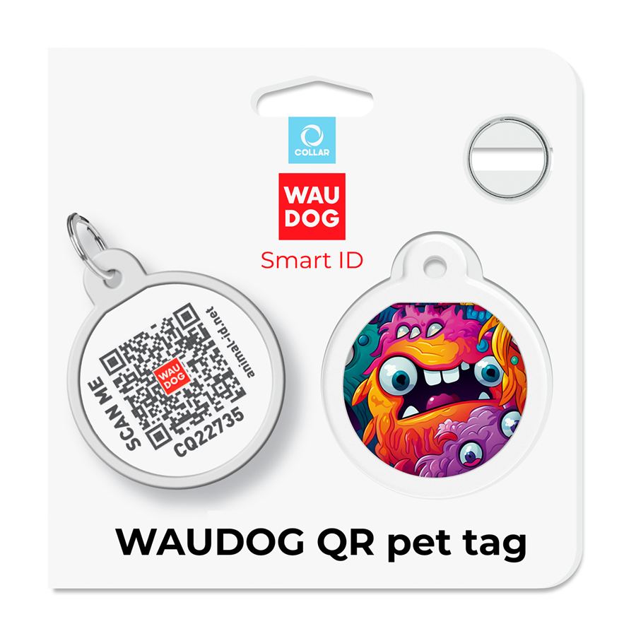 Адресник для собак і котів металевий WAUDOG Smart ID з QR паспортом, малюнок "Зубасті монстри", коло, Д 25 мм — фото 5