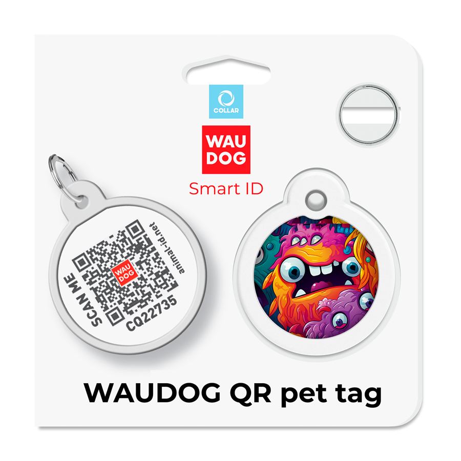Адресник для собак і котів металевий WAUDOG Smart ID з QR паспортом, малюнок "Зубасті монстри", коло, Д 30 мм — фото 5