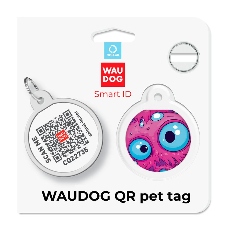 Адресник для собак і котів металевий WAUDOG Smart ID з QR паспортом, малюнок "Око монстра", коло, Д 25 мм — фото 5