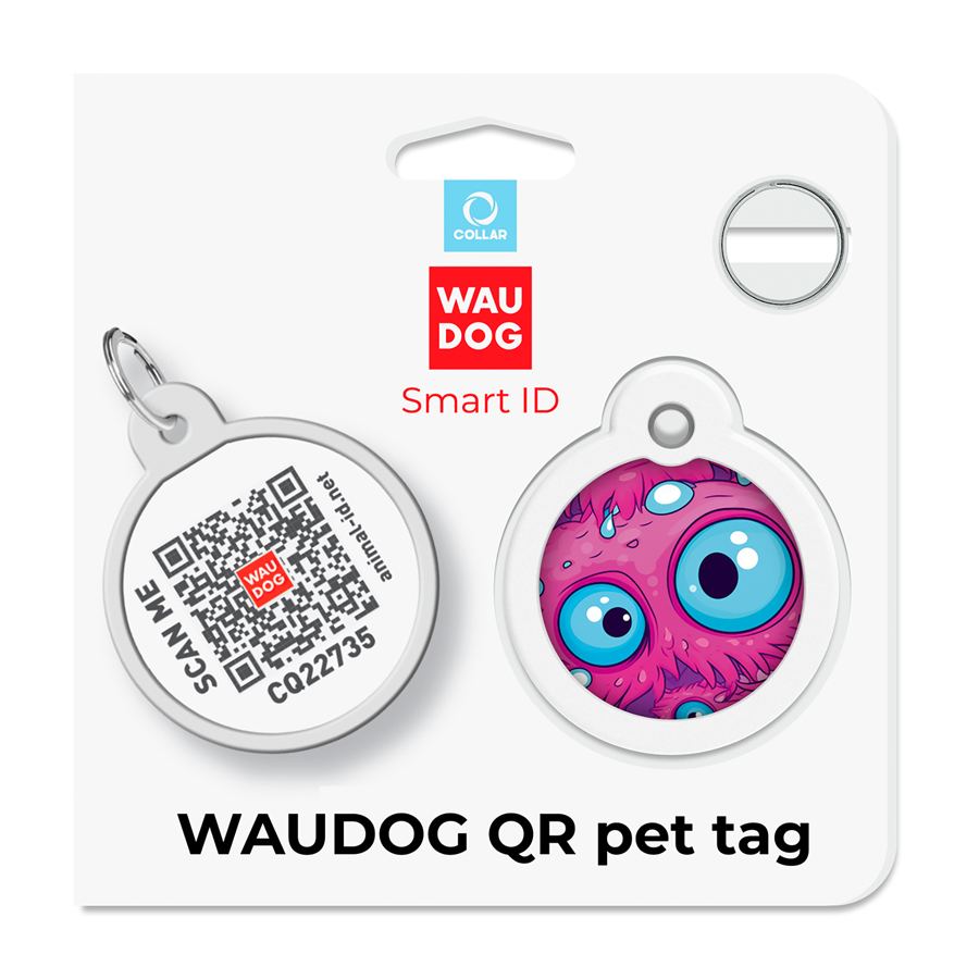 Адресник для собак і котів металевий WAUDOG Smart ID з QR паспортом, малюнок "Око монстра", коло, Д 30 мм — фото 5
