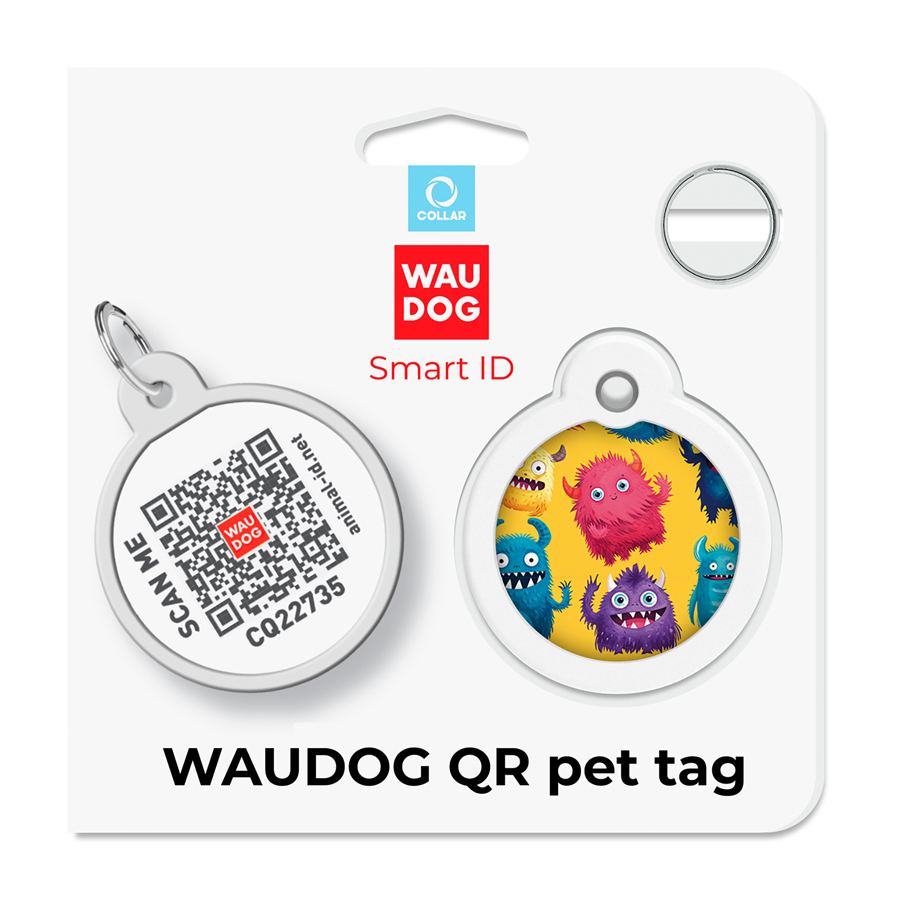 Адресник для собак і котів металевий WAUDOG Smart ID з QR паспортом, малюнок "Мохнаті монстри", коло, Д 30 мм — фото 5