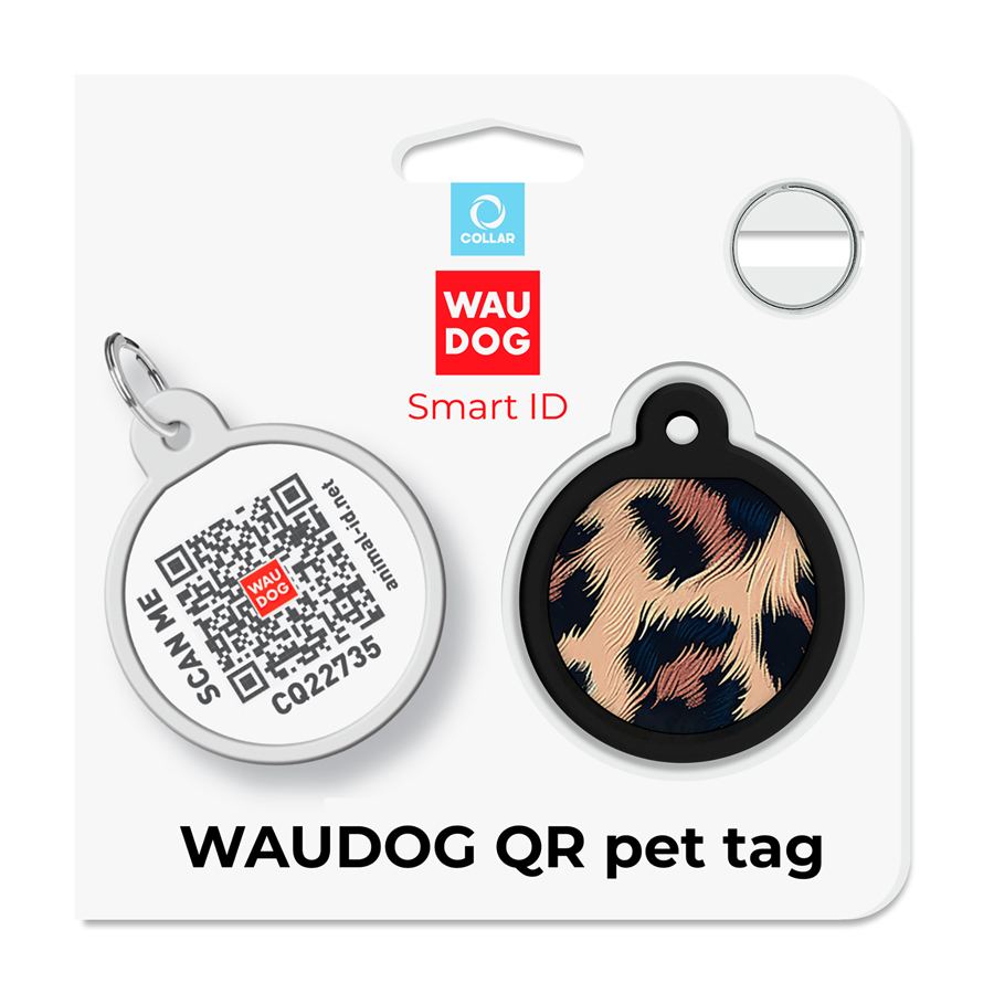 Адресник для собак і котів металевий WAUDOG Smart ID з QR паспортом, малюнок "Леопард", коло, Д 25 мм — фото 5