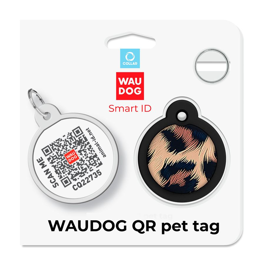 Адресник для собак і котів металевий WAUDOG Smart ID з QR паспортом, малюнок "Леопард", коло, Д 30 мм — фото 5