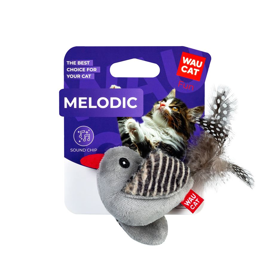 Іграшка для котів WAUCAT Fun Melodic Пташка зі звуковим чипом, штучне хутро, плюш, 130 мм — фото 2
