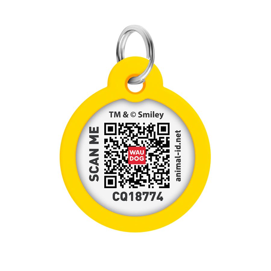 Адресник для собак і котів металевий WAUDOG Smart ID з QR паспортом, малюнок "Смайли на чорному", коло, Д 30 мм — фото 3