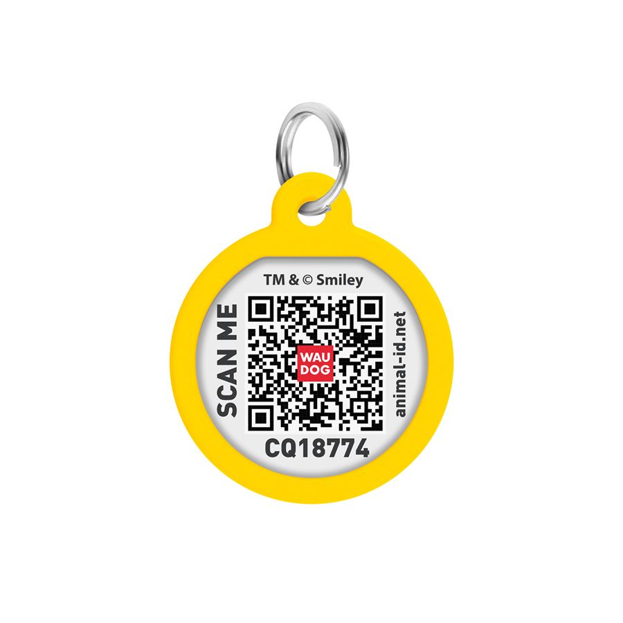 Адресник для собак і котів металевий WAUDOG Smart ID з QR паспортом, малюнок "Смайли на блакитному", коло, Д 25 мм — фото 3