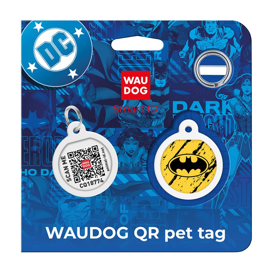 Адресник для собак і котів металевий WAUDOG Smart ID з QR паспортом, малюнок "Бетмен ескіз", коло, Д 25 мм — фото 5