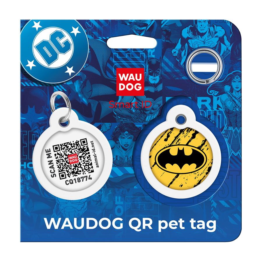 Адресник для собак і котів металевий WAUDOG Smart ID з QR паспортом, малюнок "Бетмен ескіз", коло, Д 30 мм — фото 5