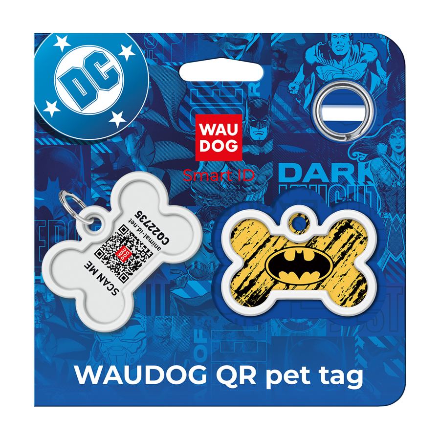 Адресник для собак і котів металевий WAUDOG Smart ID з QR паспортом, малюнок "Бетмен ескіз", кістка, Д 40 мм, Ш 28 мм — фото 5