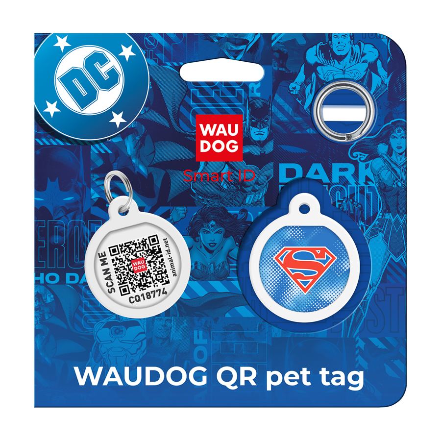 Адресник для собак і котів металевий WAUDOG Smart ID з QR паспортом, малюнок "Супермен ретро", коло, Д 25 мм — фото 5