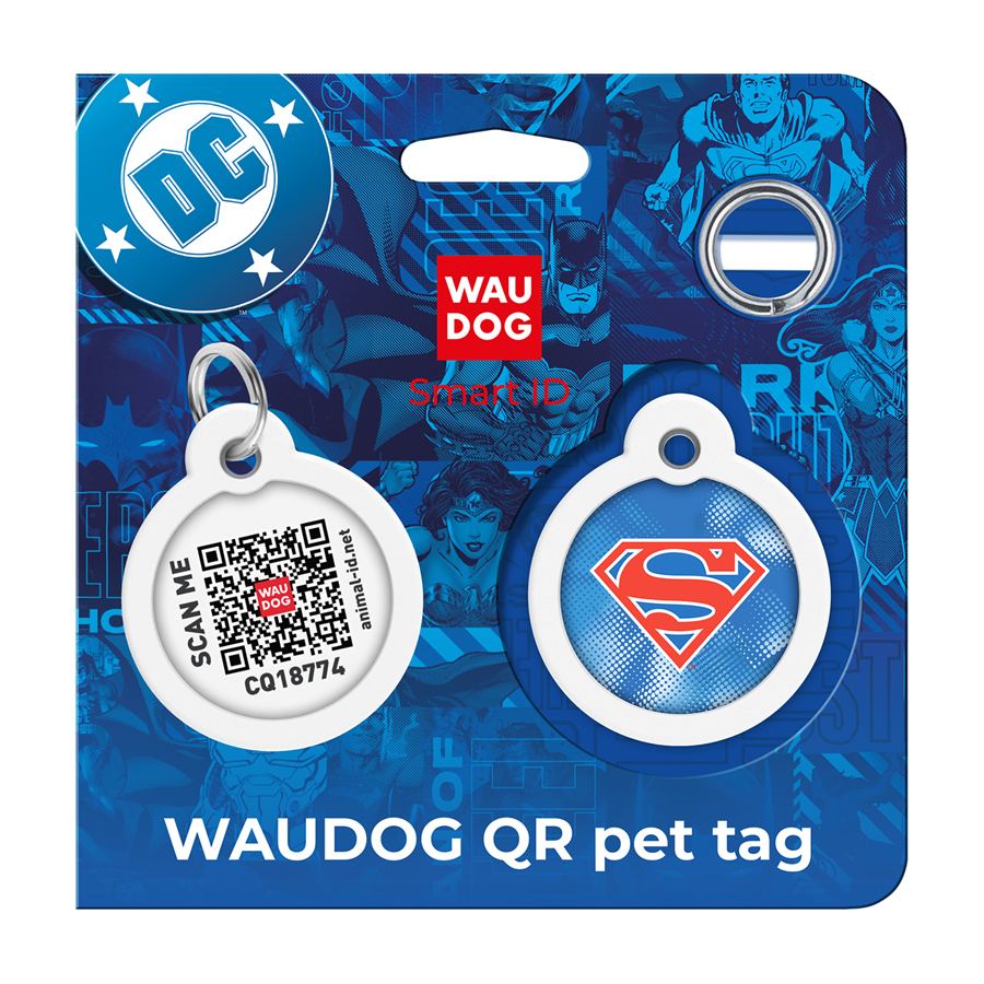 Адресник для собак і котів металевий WAUDOG Smart ID з QR паспортом, малюнок "Супермен ретро", коло, Д 30 мм — фото 5