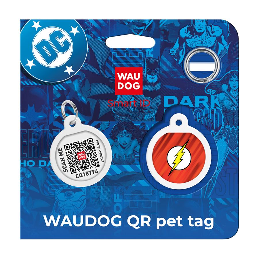 Адресник для собак і котів металевий WAUDOG Smart ID з QR паспортом, малюнок "Флеш лого", коло, Д 25 мм — фото 5