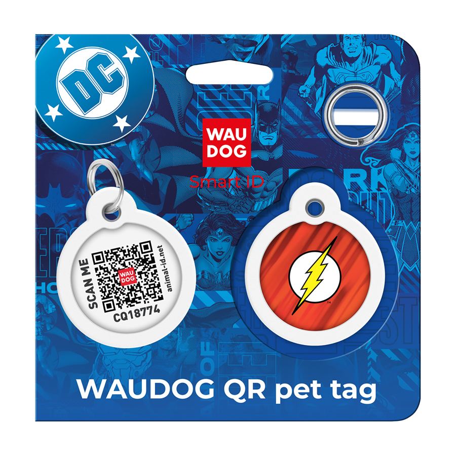Адресник для собак і котів металевий WAUDOG Smart ID з QR паспортом, малюнок "Флеш лого", коло, Д 30 мм — фото 5
