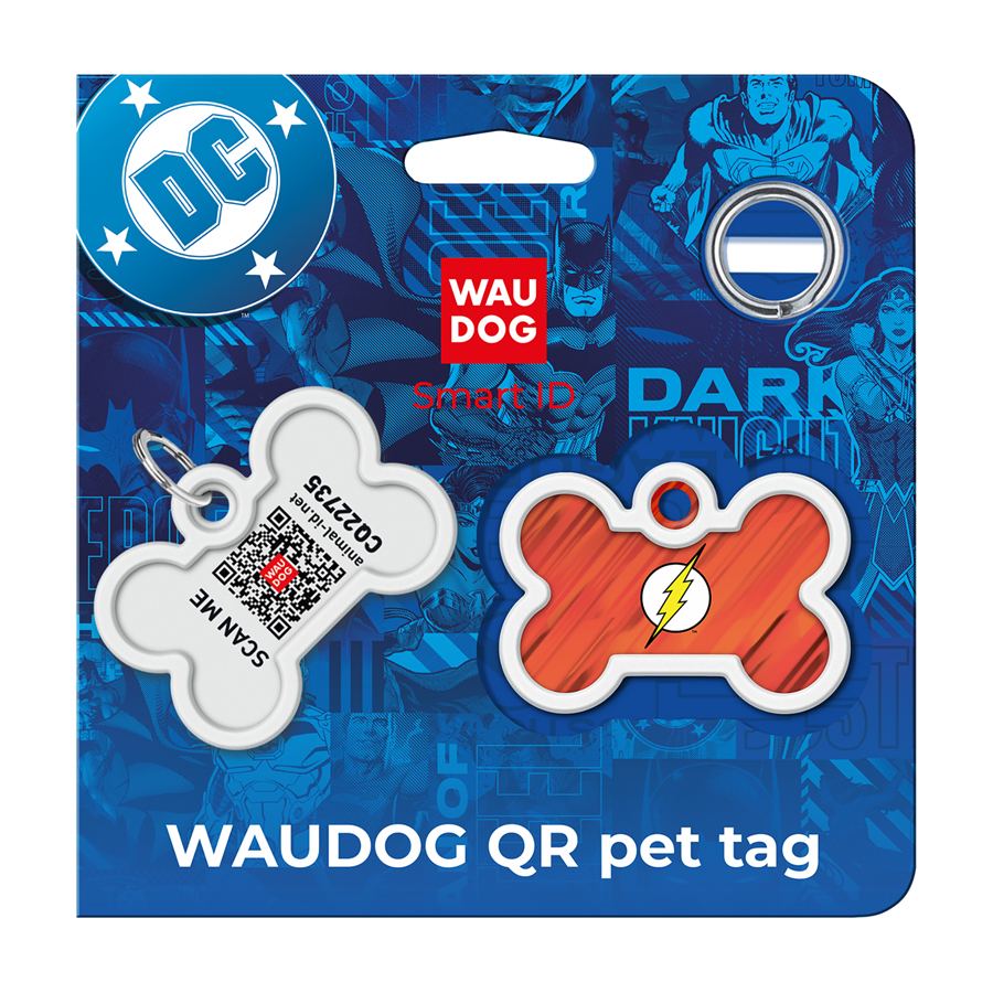 Адресник для собак і котів металевий WAUDOG Smart ID з QR паспортом, малюнок "Флеш лого", кістка, Д 40 мм, Ш 28 мм — фото 5