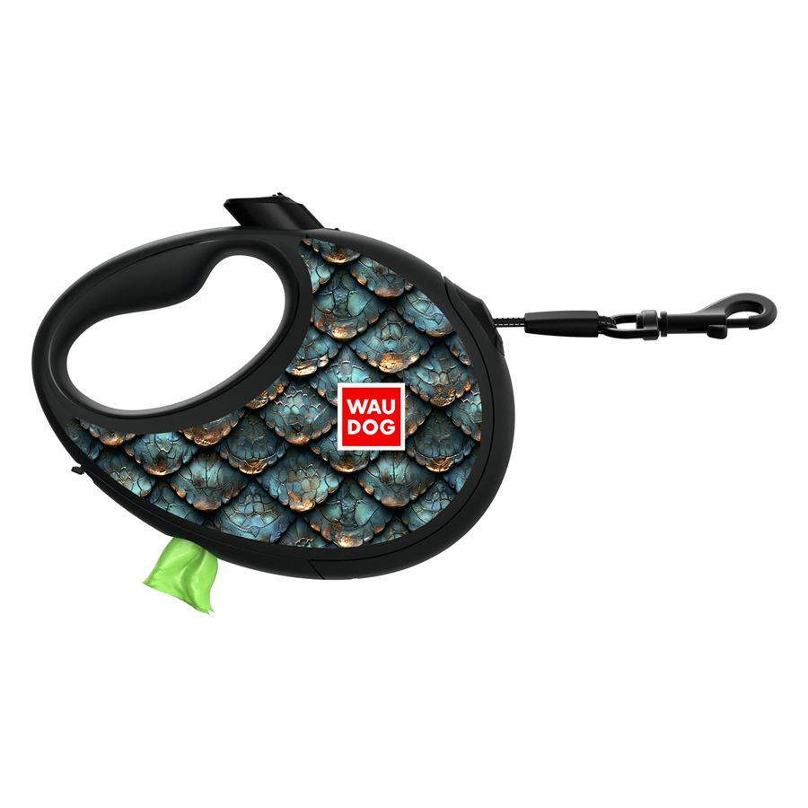 Повідець-рулетка для собак WAUDOG R-leash з контейнером для пакетів, малюнок "Луска", світловідбивна стрічка, S, до 12 кг, 3 м
