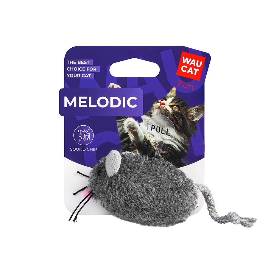 Іграшка для котів WAUCAT Fun Melodic Мишка сіра зі звуковим чипом, штучне хутро, 130 мм — фото 2