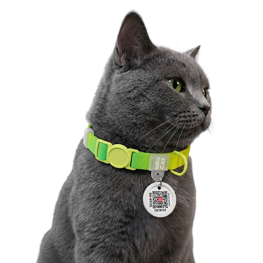 Нашийник для котів нейлоновий WAUCAT Nylon Recycled з QR адресником, градієнт, безпечна пряжка, XS, Ш 10 мм, Дов 20-30 см, салатовий — фото 2