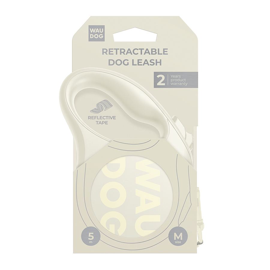Повідець-рулетка для собак WAUDOG R-leash Monochrome White, M, до 25 кг, 5 м, світловідбивна стрічка, біла — фото 3