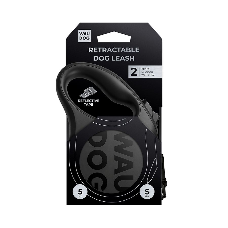 Повідець-рулетка для собак WAUDOG R-leash Monochrome Black, S, до 15 кг, 5 м, світловідбивна стрічка, чорна — фото 3