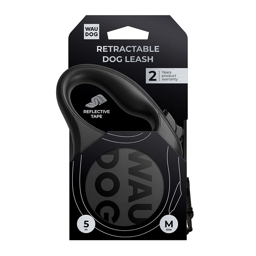 Повідець-рулетка для собак WAUDOG R-leash Monochrome Black, M, до 25 кг, 5 м, світловідбивна стрічка, чорна — фото 3