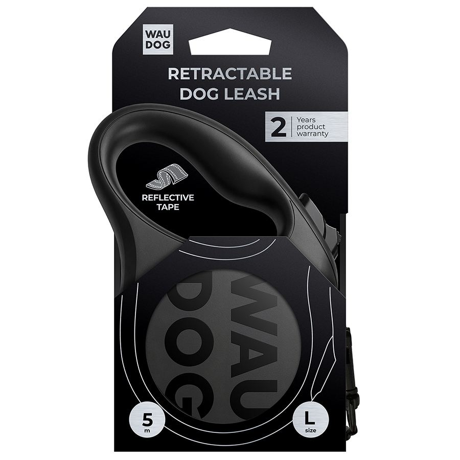 Повідець-рулетка для собак WAUDOG R-leash Monochrome Black, L, до 50 кг, 5 м, світловідбивна стрічка, чорна — фото 3