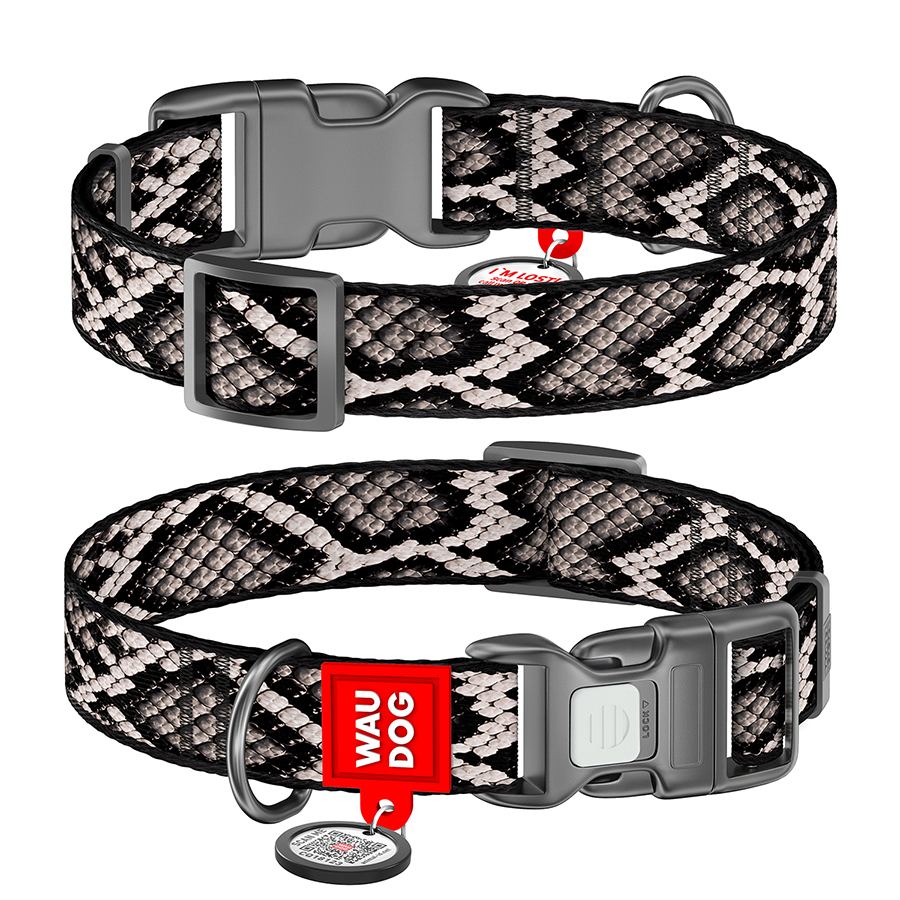 Нашийник для собак нейлоновий WAUDOG Nylon з QR адресником, малюнок "Змія", пластиковий фастекс, S, Ш 15 мм, Дов 25-35 см