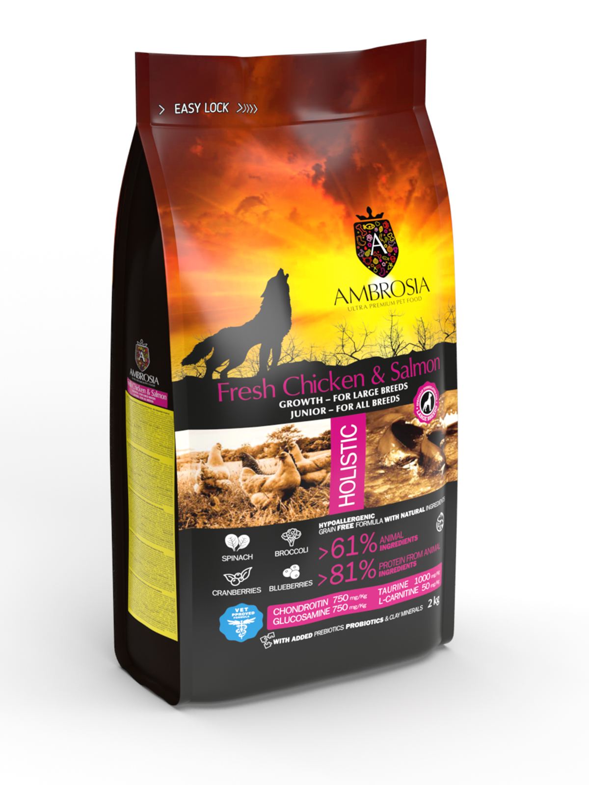 Беззерновий корм Ambrosia Grain free з куркою та свіжим лососем для цуценят великих порід 12кг