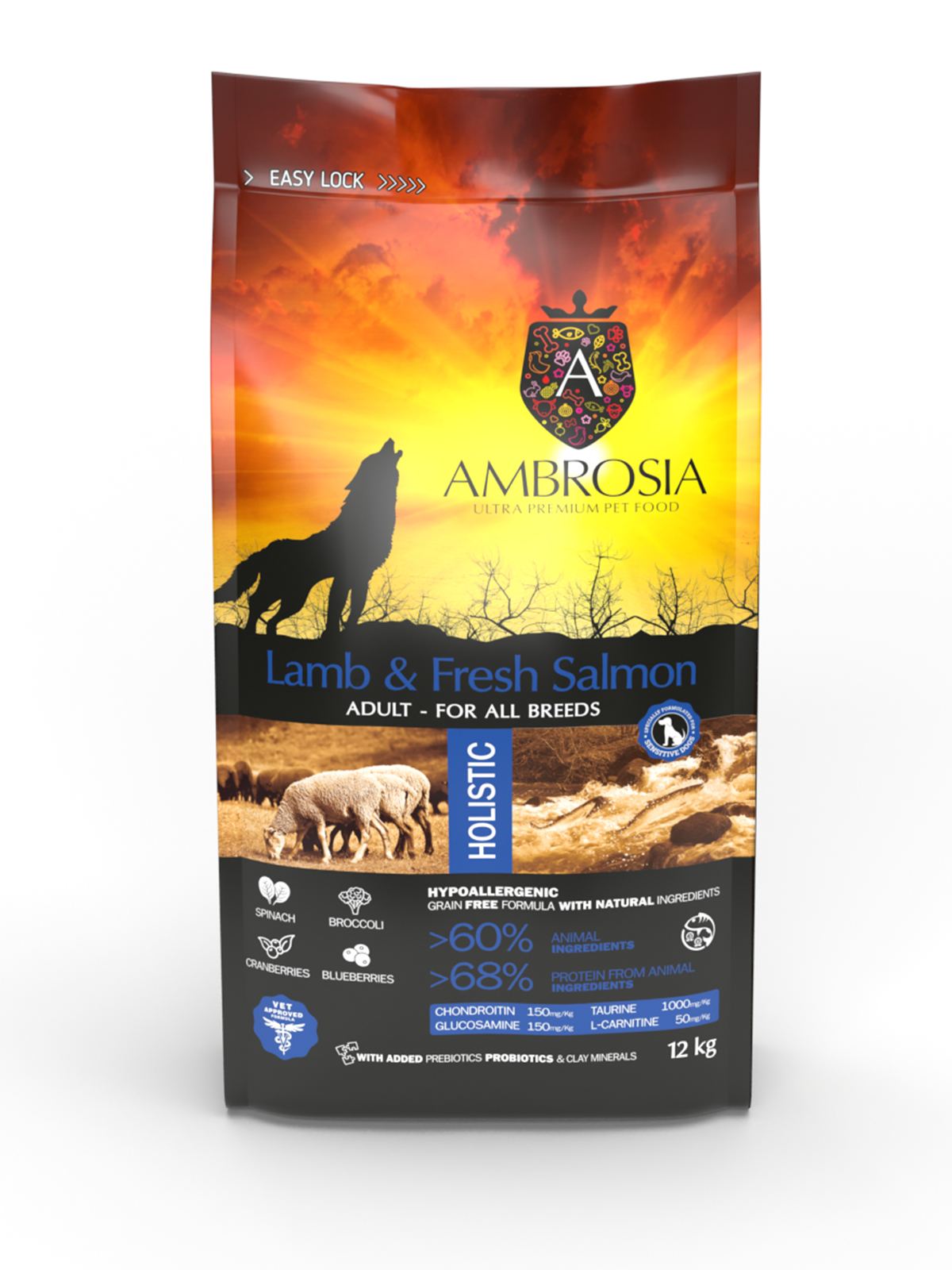 Беззерновий корм Ambrosia Grain free з ягням та свіжим лососем для дорослих собак усіх порід 12кг