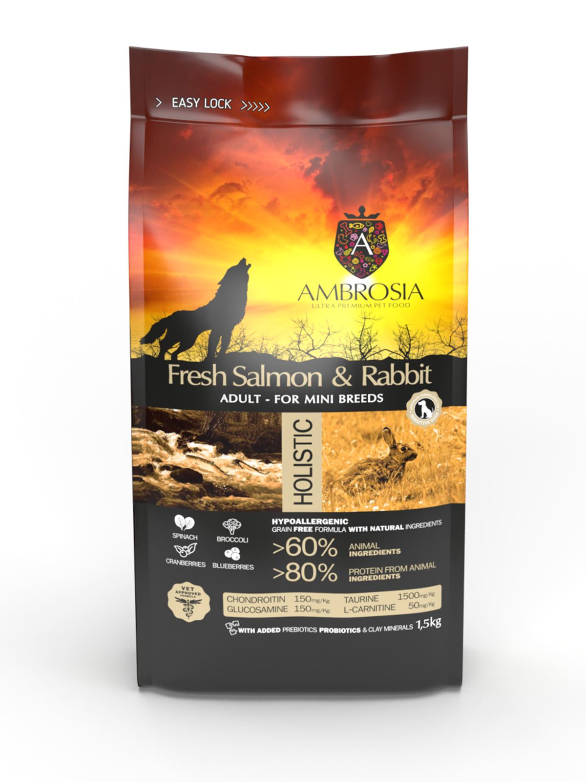 Беззерновий корм Ambrosia Grain free Sensitive з кроликом та лососем для дорослих собак малих порід з чутливим травленням 1,5кг