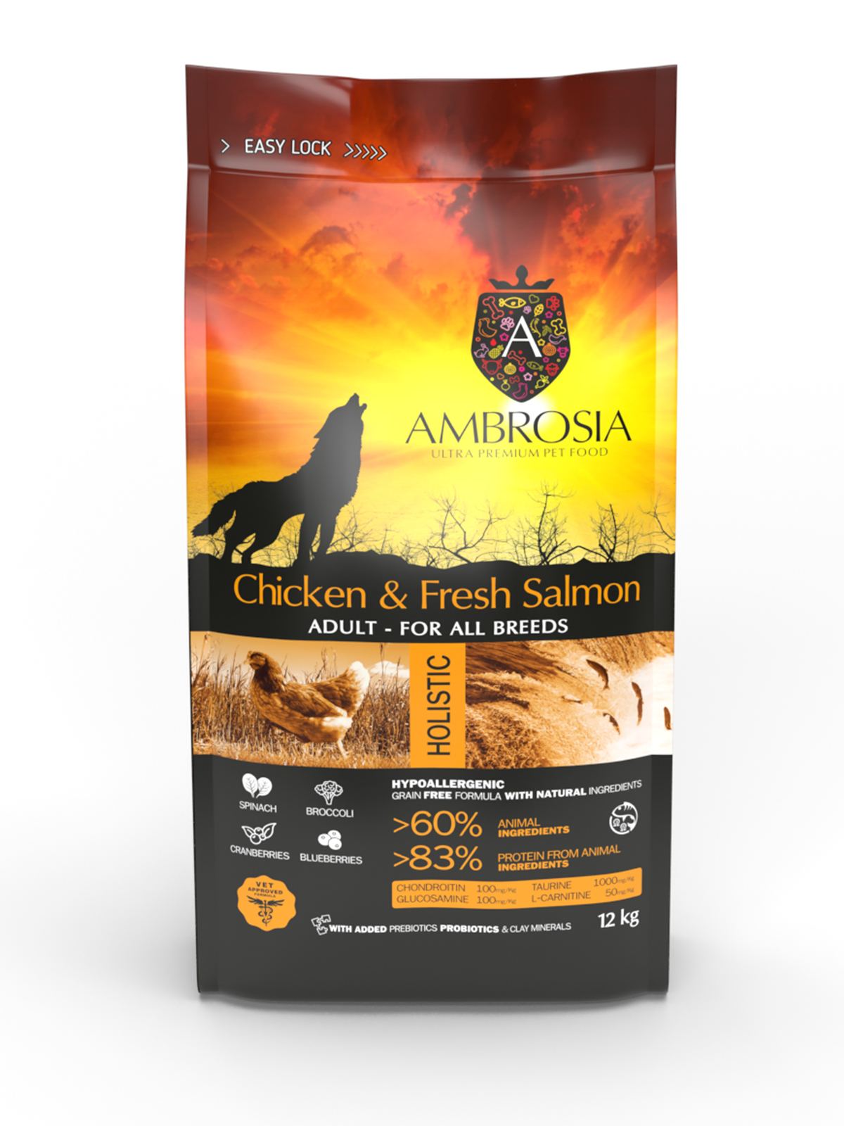Беззерновий корм Ambrosia Grain free з куркою та свіжим лососем для дорослих собак усіх порід 12кг