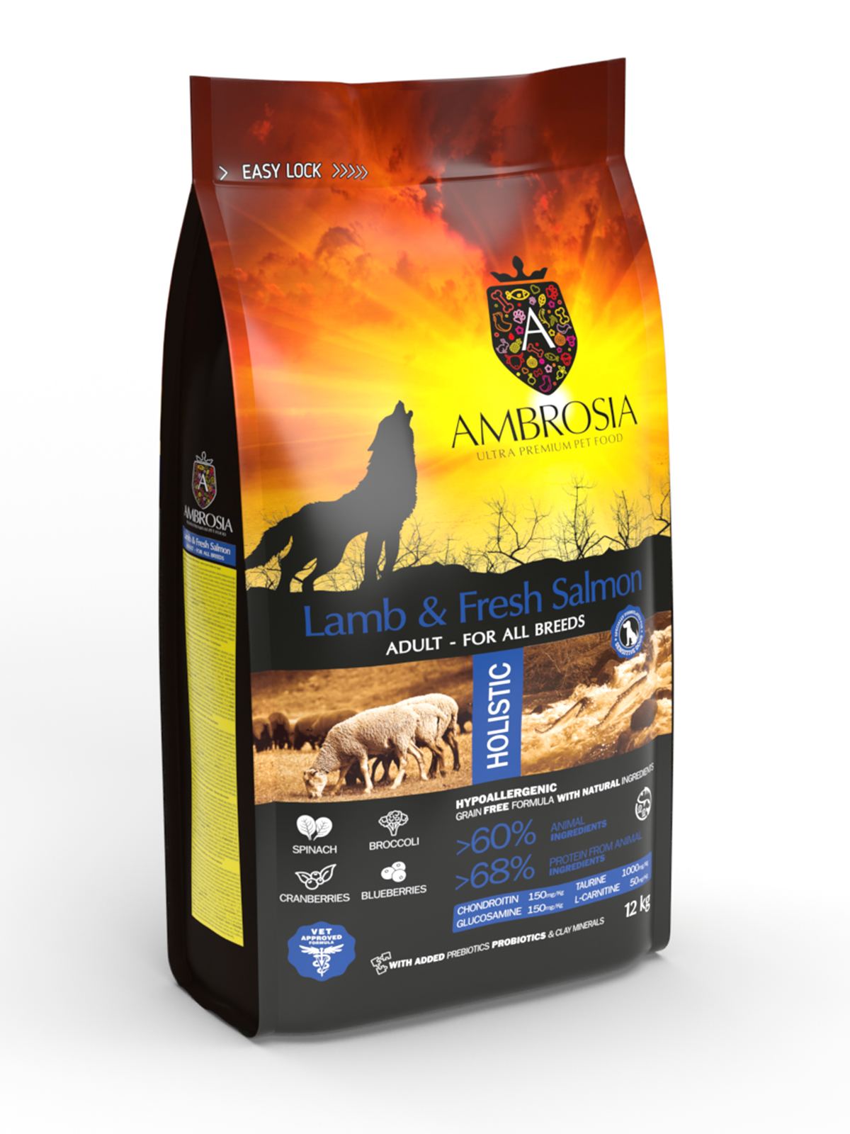 Беззерновий корм Ambrosia Grain free з ягням та свіжим лососем для дорослих собак усіх порід 2кг