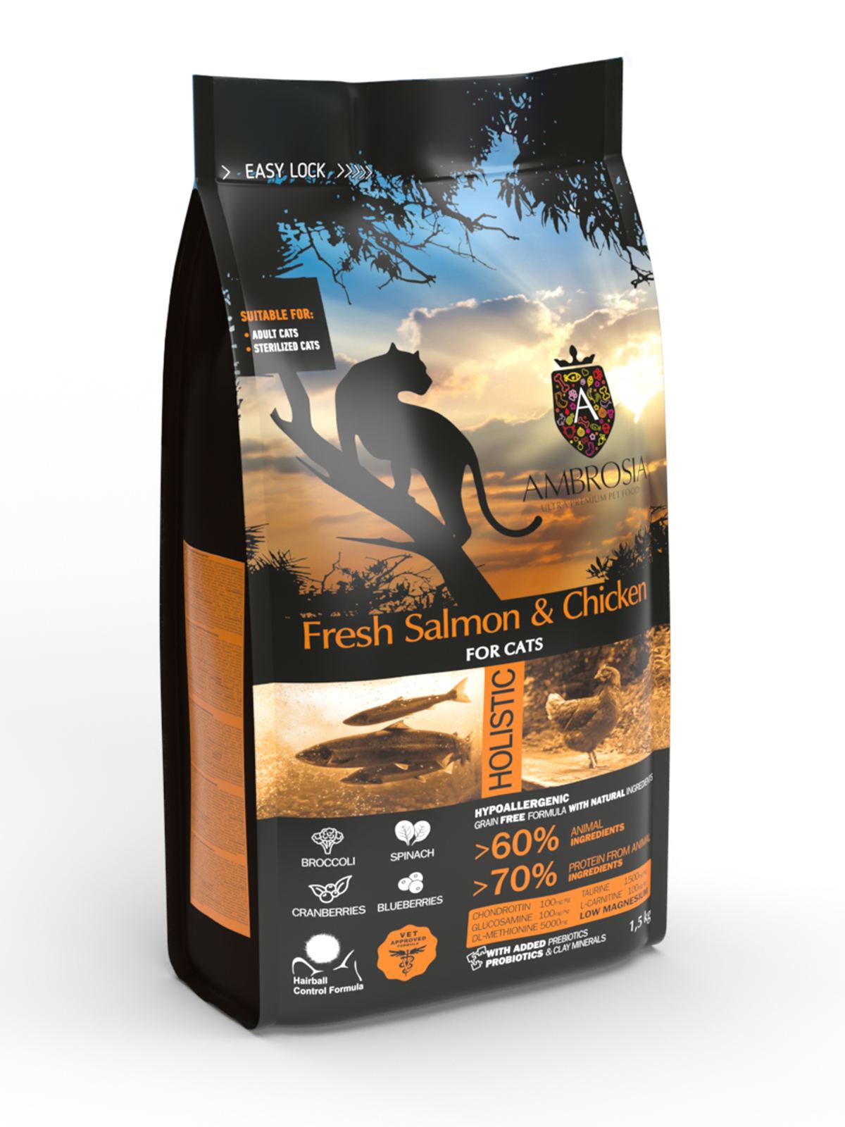 Беззерновий корм Ambrosia Grain free зі свіжим лососем та куркою для стерилізованих котів 1,5кг